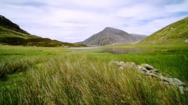 Beautiful green grass meadow and mountain landscape with lake Llyn Idwal and countryside scenery in background, Wales
