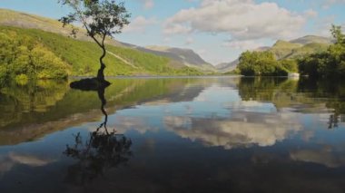 Clouds reflecting on lakes surface with beautiful british landscape reflections of lone tree and clouds on beautiful sunny day at Llyn Padarn Lake, Wales
