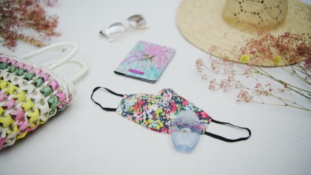 Floral Face Mask Travel Flat Lay Concept Organized Items Hipster — 비디오