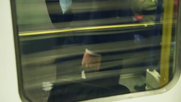 Businessman Suit Holding Black Bag Standing Window Moving Train London — Vídeo de Stock