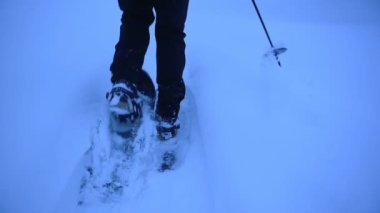 A Tourist Dragging His Feet Wearing Twin-Tip Skis And Holding A Ski Poles In The Snow Covered Wilderness Of Lapland. -medium shot