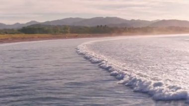 Pelicans flying at Playa Buena Vista Beach at sunset, Costa Rica. Aerial drone view
