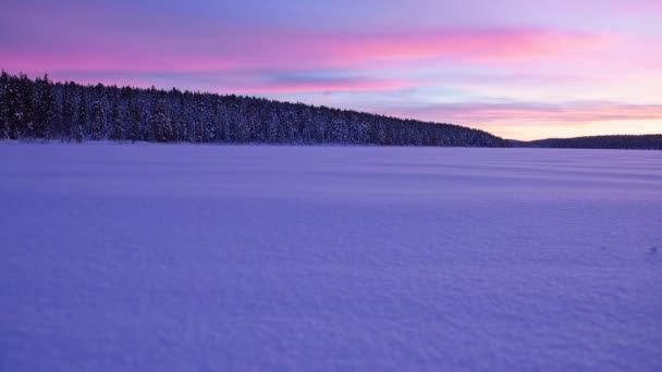 Landscape View Snow Capped Forest Lake Lapland Finland Dusk — стоковое видео