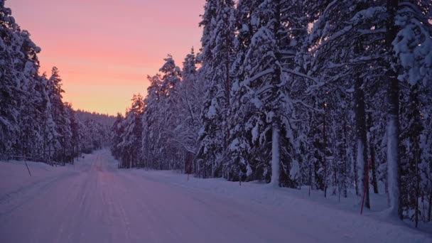 Beautiful Fiery Sunset Sky Snow White Landscape Finland Wide Shot — Stok video