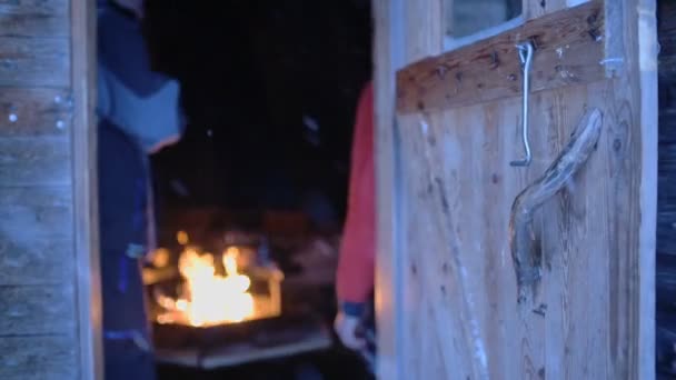 People Warming Fireplace Snowy Evening Lapland Finland — Vídeos de Stock