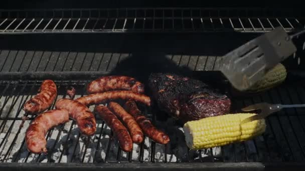 Barbecuing Some Sausages Corn Steak Good Summer Outdoor Fresco Meal — ストック動画