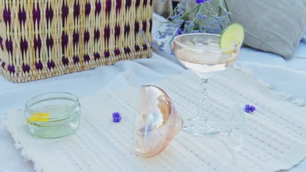 Luxury Refreshing Cocktail Fancy Stylish Glasses Romantic Outdoor Picnic Fresco — Stockvideo