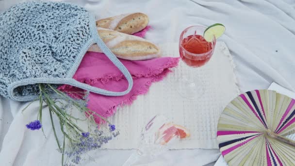 Getting Glass Red Cocktail Drink Flat Lay Pieces Baguette Luxury — 图库视频影像