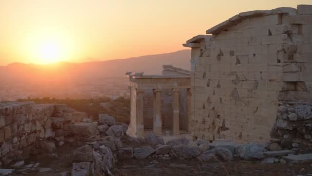 Landscape View Porch Maidens Erechtheion Acropolis Athens Greece Sunset — стоковое видео