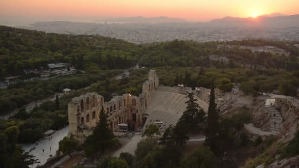 Panoramic View Odeon Herodes Atticus Theatre Acropolis Athens Greece Sunset — стокове відео