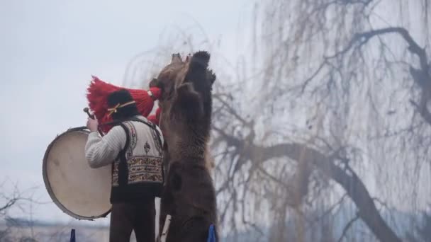 Bizarre New Year Celebrations Bear Dancing Festival Romania Comanesti — Vídeo de Stock