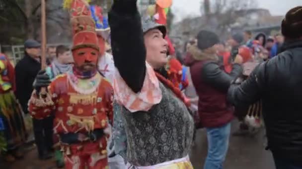 People Celebrating Annual Romanian Bear Festival Street Mid Shot — 图库视频影像