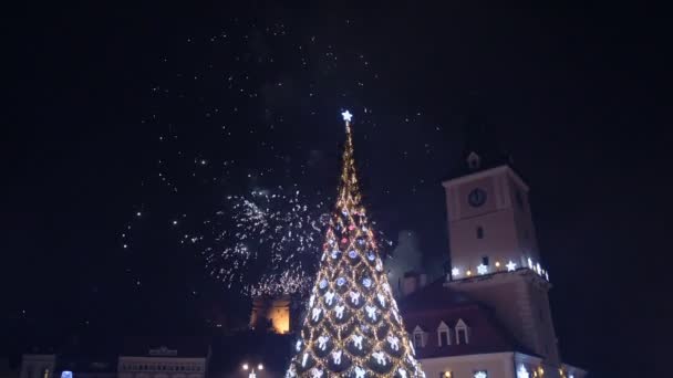 Fireworks Sparkling Brasov Town Square Christmas Tree Romania — Video