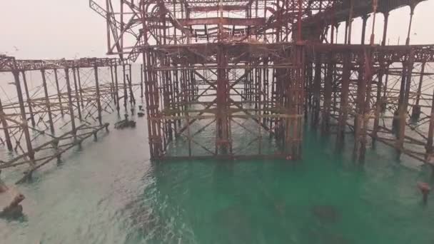 Burnt Old West Pier Brighton Sussex England Aerial Drone View — Stockvideo