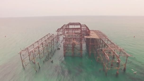 Burnt Old Fire Damaged West Pier Brighton Sussex England Aerial — Video