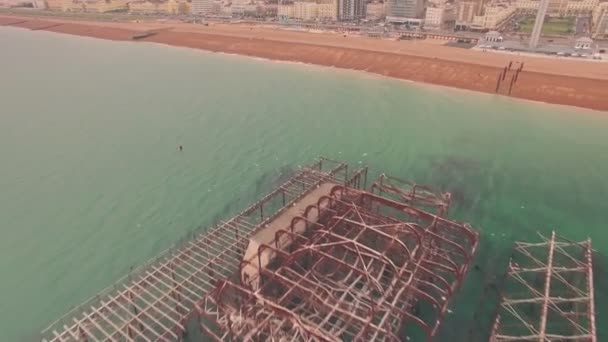 Burnt Old West Pier Brighton Sussex England Aerial Drone Reveal — 图库视频影像