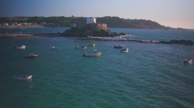 Aerial drone view of Fort Grey in Guernsey, Channel Islands, UK