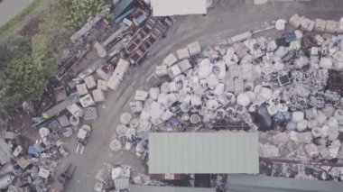 Plastic recycling plant in Hong Kong. Aerial drone view