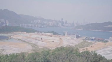 Landfill, an environmental issue causing climate change, seen in Hong Kong. Aerial drone view