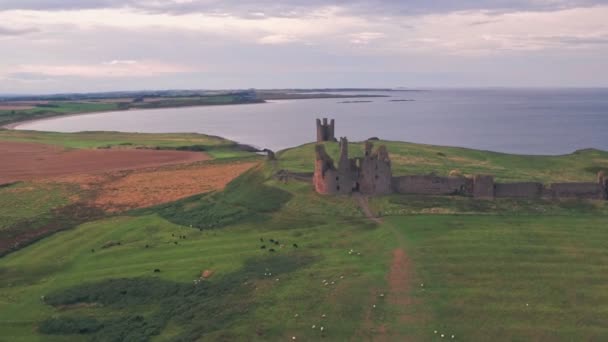 Dunstanburgh Castle Sunset Famous Landmark Northumberland England Aerial Drone View — стокове відео