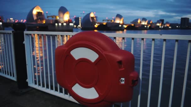 Bright Red Life Ring Cabinet Placed Guardrail Water London England — Video