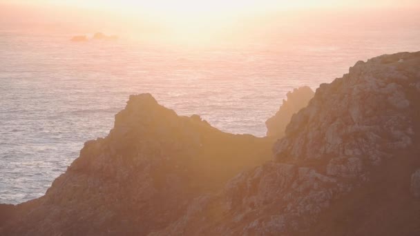 Gorgeous Scenery Calm Sea Rocky Mountain Sunset Guernsey Aerial Shot — Stok video