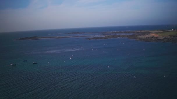 Seagulls Flying Sunset Fishing Boats Guernsey Channel Islands Aerial Drone — Vídeo de Stock