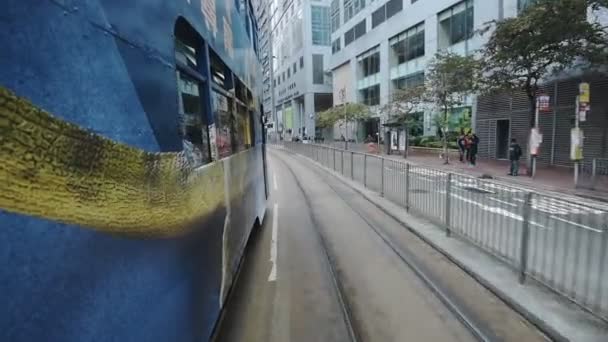 Double Decker Tram Traveling Road Stops Pedestrian Crossing People Crossing — 비디오