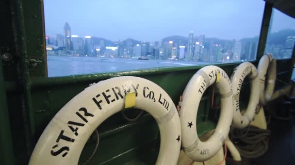 Cityscape View Glass Window Star Ferry Cruising Victoria Harbour Hong — стокове відео