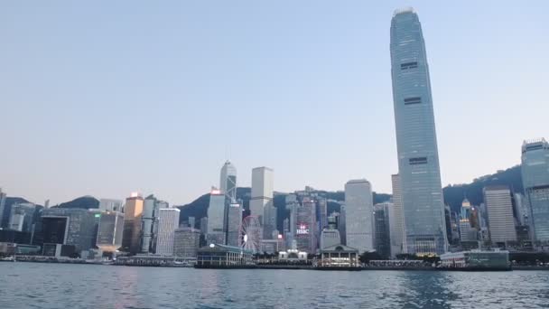 Scenery Victoria Harbour Hong Kong Skyline Clear Blue Sky Wide — Stock video