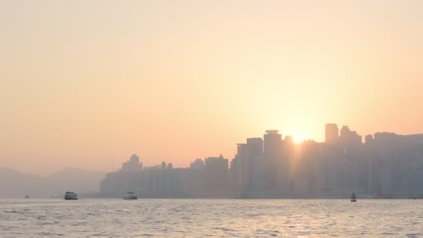 Gorgeous Orange Sunset Blocked Tall Buildings Hong Kong Wide Shot — стоковое видео