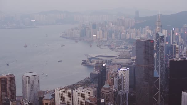 Top View Skyscraper Buildings Hongkong Foggy Environment Deep Ocean Aerial — ストック動画