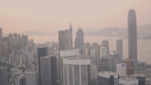 Skyscrapers Hong Kong City Skyline Sunset Aerial Drone View — Video Stock