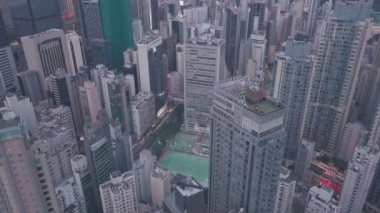 Hong Kong Island downtown city centre at night. Aerial drone view