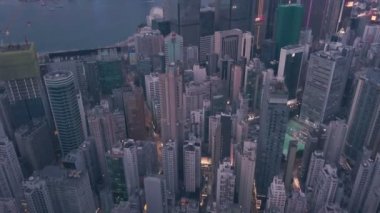 Hong Kong Island downtown city centre skyscrapers at night. Aerial drone view