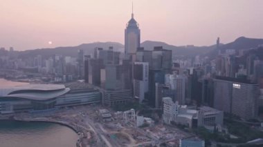 Hong Kong Island and downtown city centre. Aerial drone view at sunrise