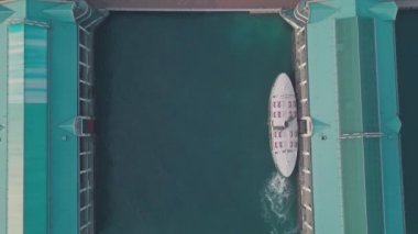 Hong Kong star ferry, central terminal and harbour front. Top down aerial drone view