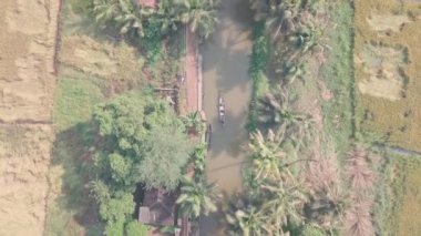 Boat trip in Kerala backwaters at Alleppey, India. Top down aerial drone view