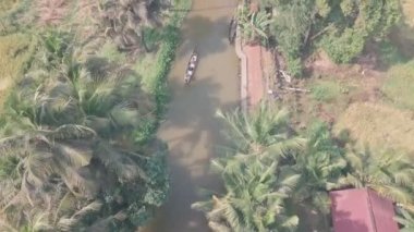 Boat trip of Kerala backwaters at Alleppey, India. Top down aerial drone view