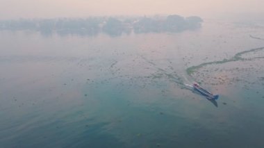 Fishing baot at sunrise, Fort Kochi, India. Aerial drone view