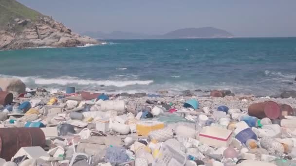 Environmental Impact Beach Covered Plastic Rubbish Hong Kong Aerial Drone — Stockvideo