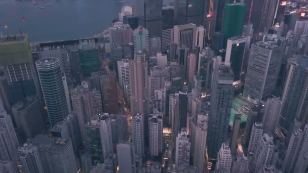 Hong Kong Island Downtown City Centre Skyscrapers Night Aerial Drone — Video