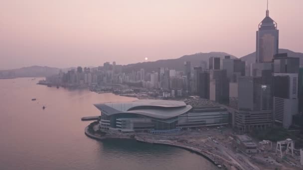 Hong Kong Harbour Downtown City Centre Sunrise Aerial Drone View — Stock video