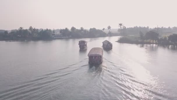 Houseboat Trip Kerala Backwaters Alleppey India Aerial Drone View — Stockvideo
