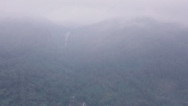 Mysterious Waterfall Mountain Scenery Misty Morning Landscape Aerial Drone View — Video