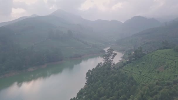 Aerial Drone View Lake Misty Western Ghats Mountains Munnar India — Stock video