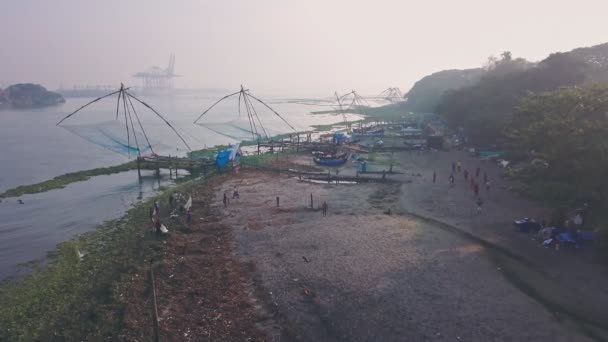 Traditional Chinese Fishing Nets Fort Kochi India Aerial Drone View — Stockvideo