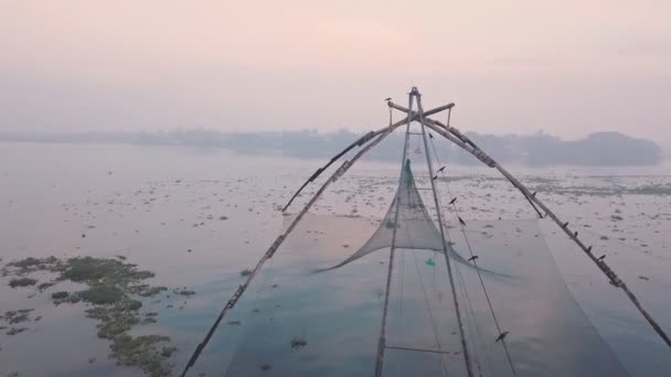 Traditional Chinese Fishing Nets Sunrise Fort Kochi India Aerial Drone — Stockvideo