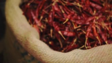 Red Dried Chillies In A Sack In Kochi, Kerala, India - Closeup Shot