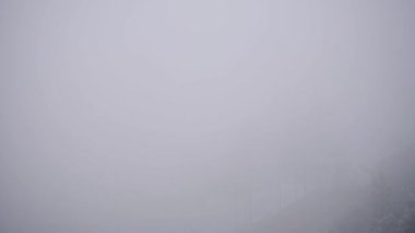 View of a vehicle headlights through thick fog, on a country road in Munnar, India